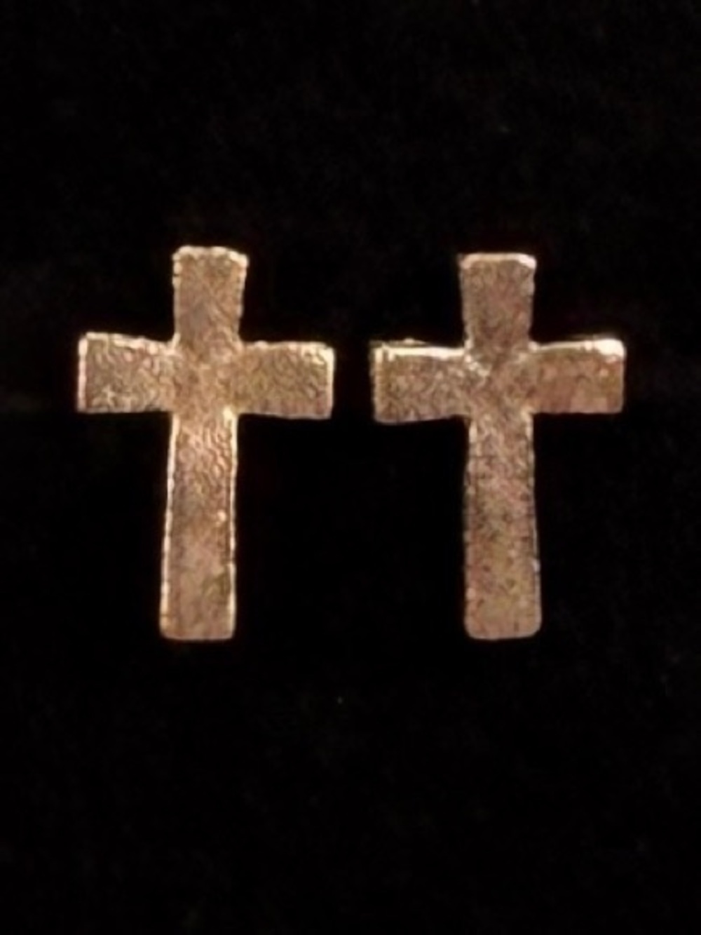 Aged Goldtone Textured Cross Pierced Earrings